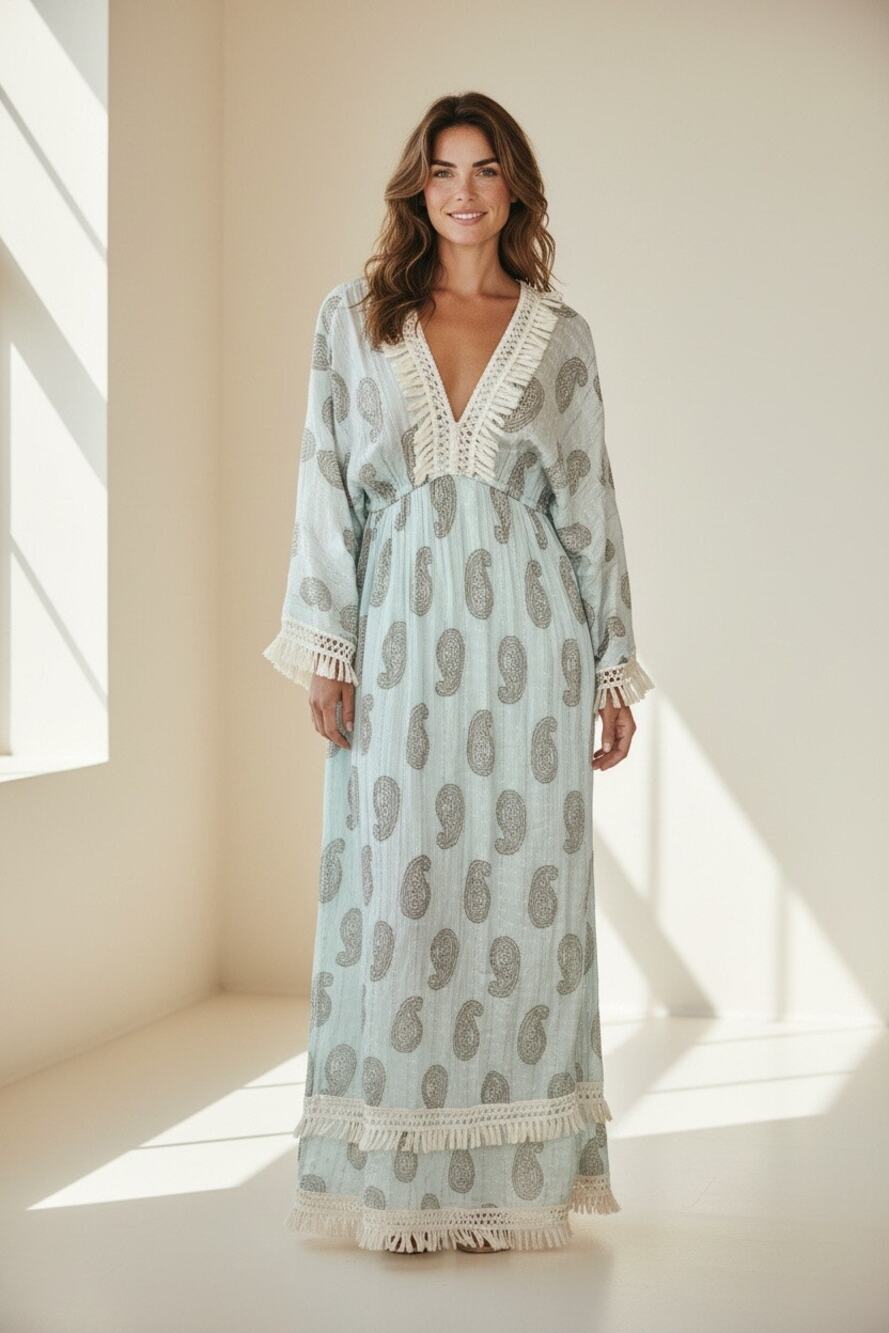 Zury Caftan Maxi Dress Resort Chic Old Money Boho Coastal Fringe Free Size